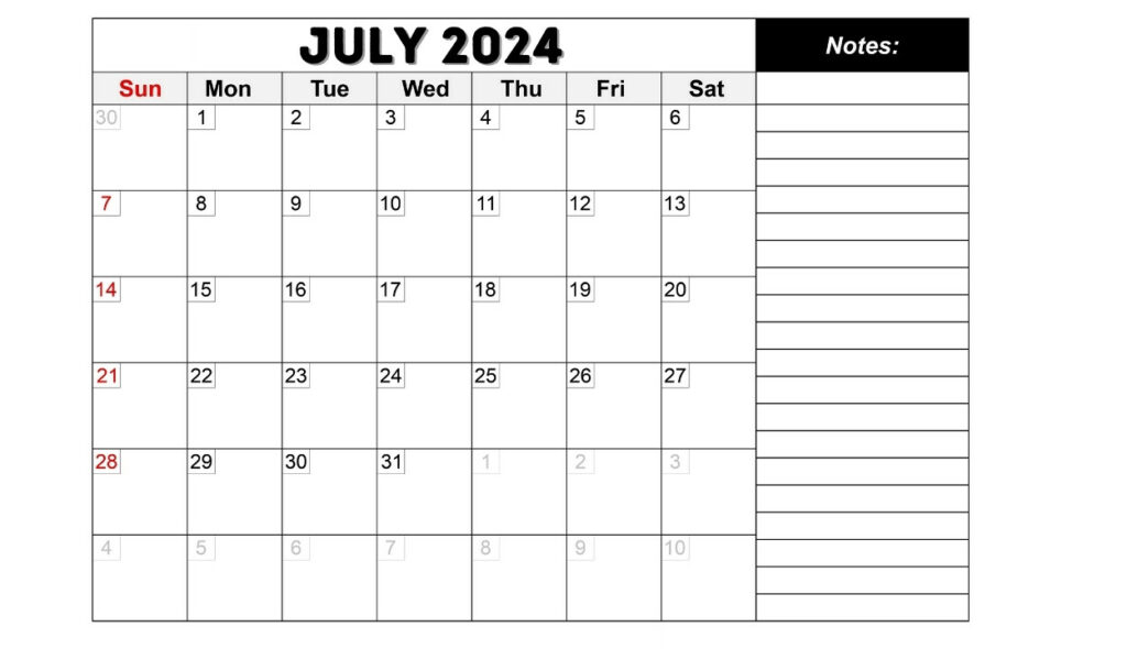 Notable July 2024 Calendar