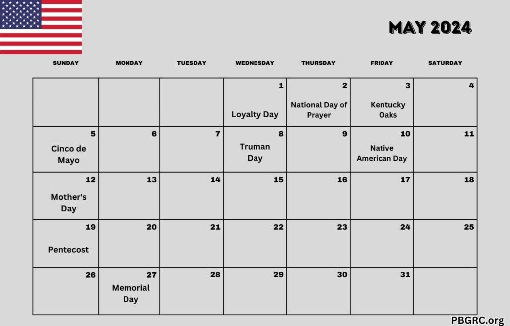 Printable May 2024 USA Calendar