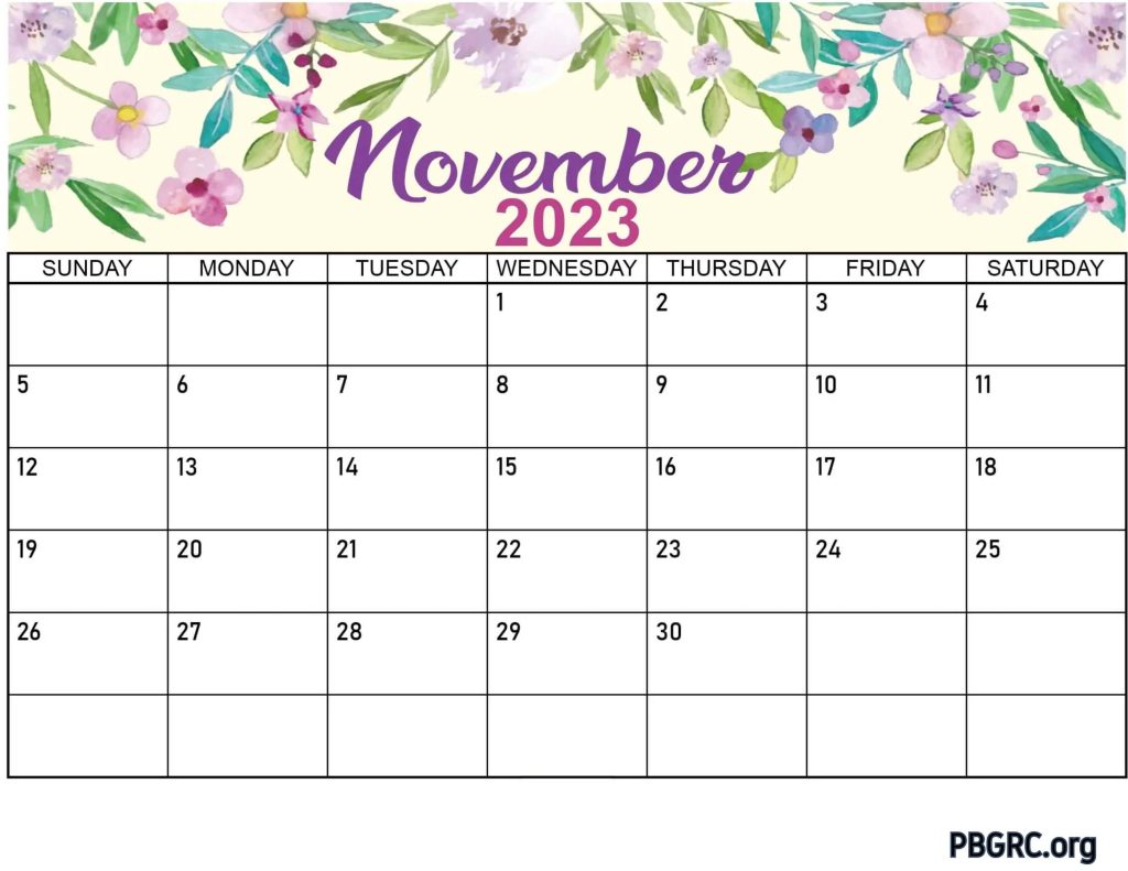 Printable November 2023 Floral Calendar