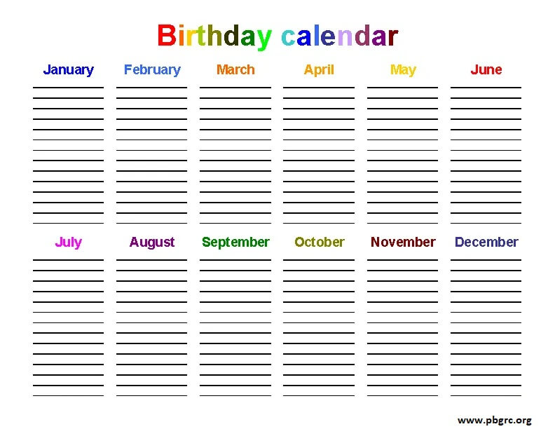 Yearly Birthday Calendar