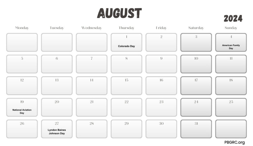 2024 August Calendar Holidays Free Printable