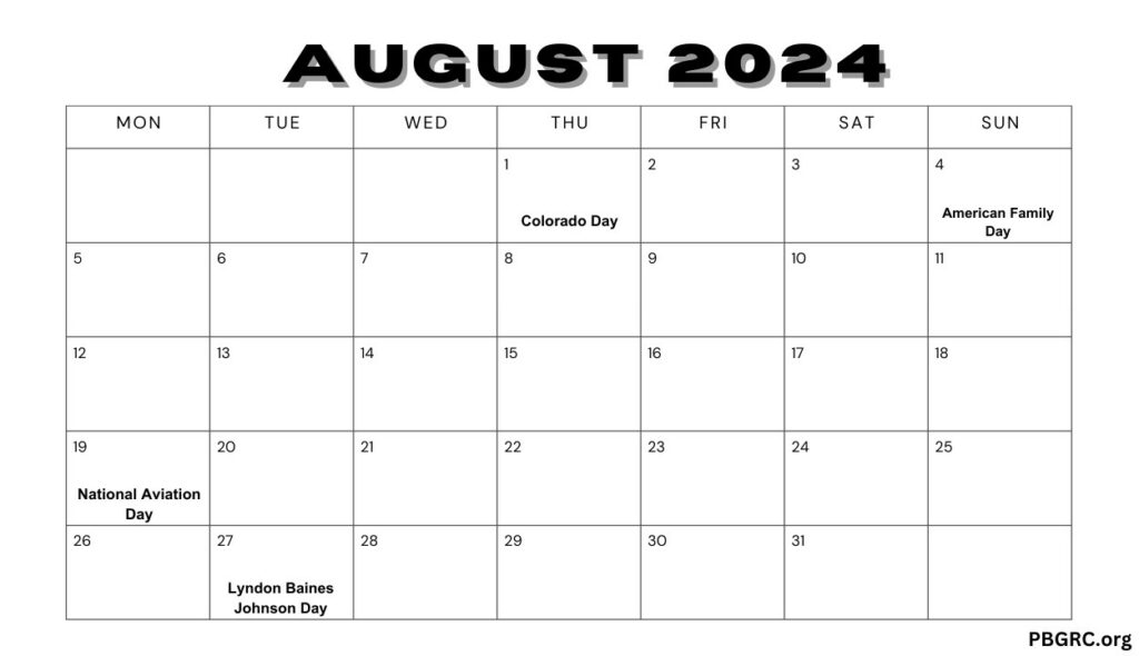 2024 August Calendar Template With Holiday Date