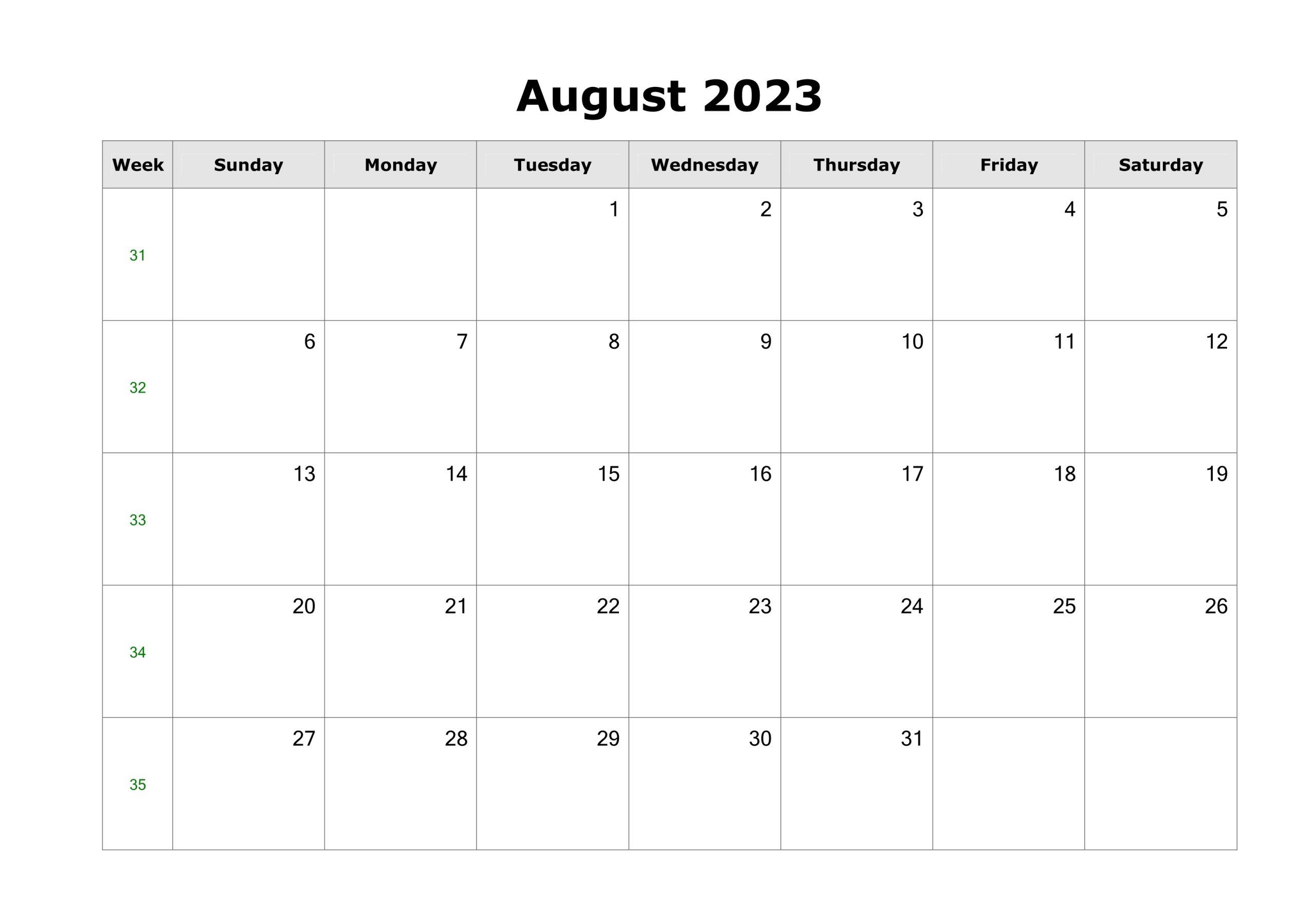 August 2023 Blank Calendar Free Download