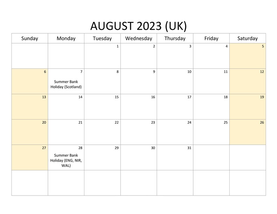 August 2023 Calendar Printable with Bank Holidays UK
