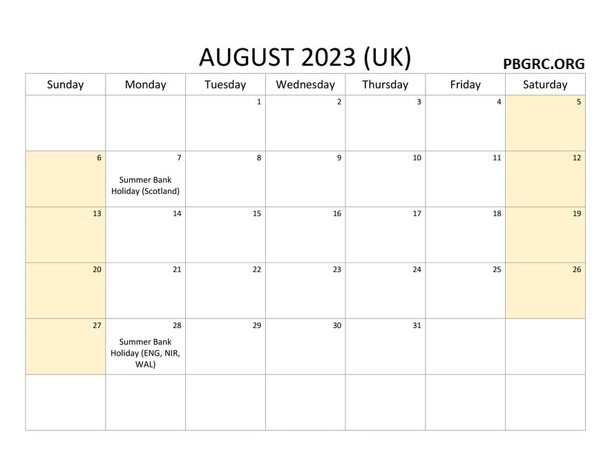 August 2023 Calendar Printable with Bank Holidays UK