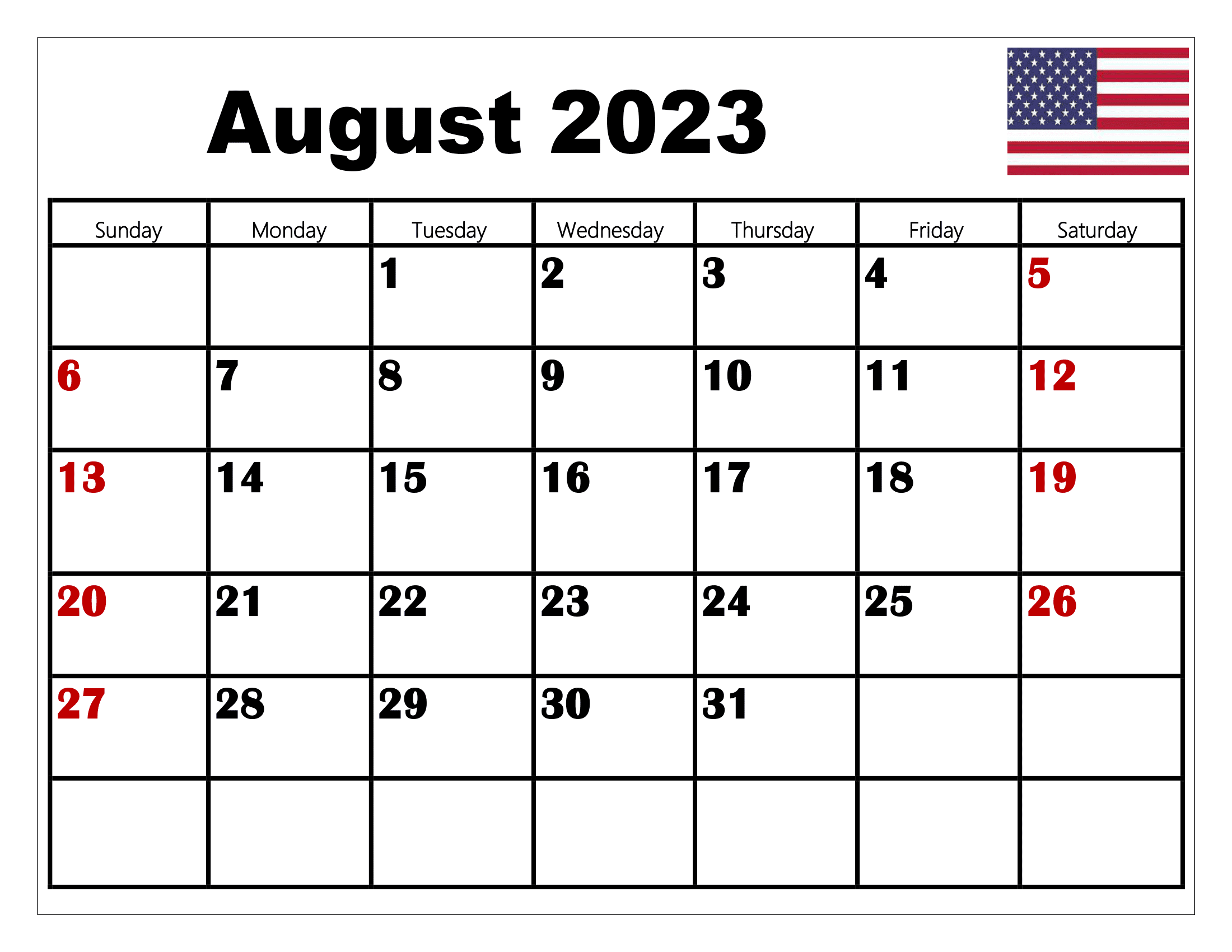 August 2023 Calendar with USA Holidays