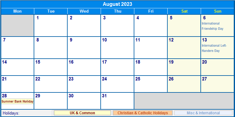 August 2023 US Calendar with Holidays