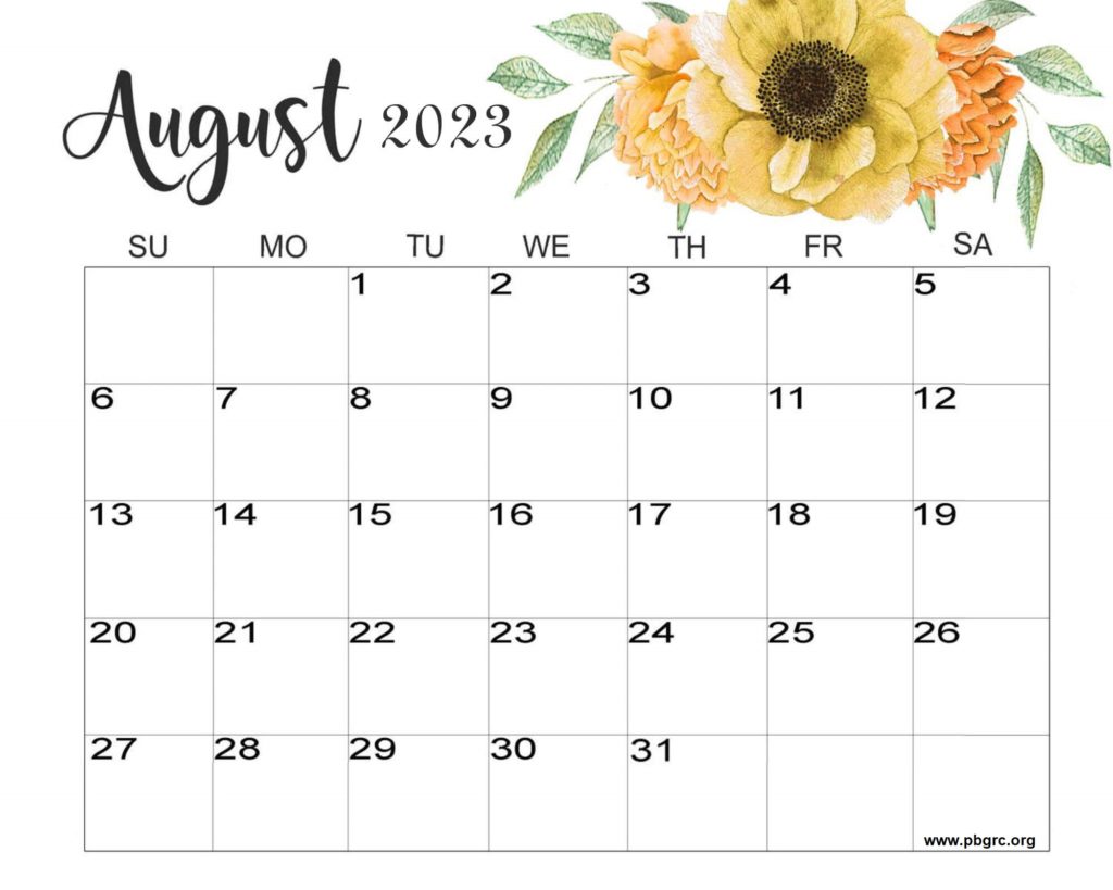 August 2023 calendar floral Monday start