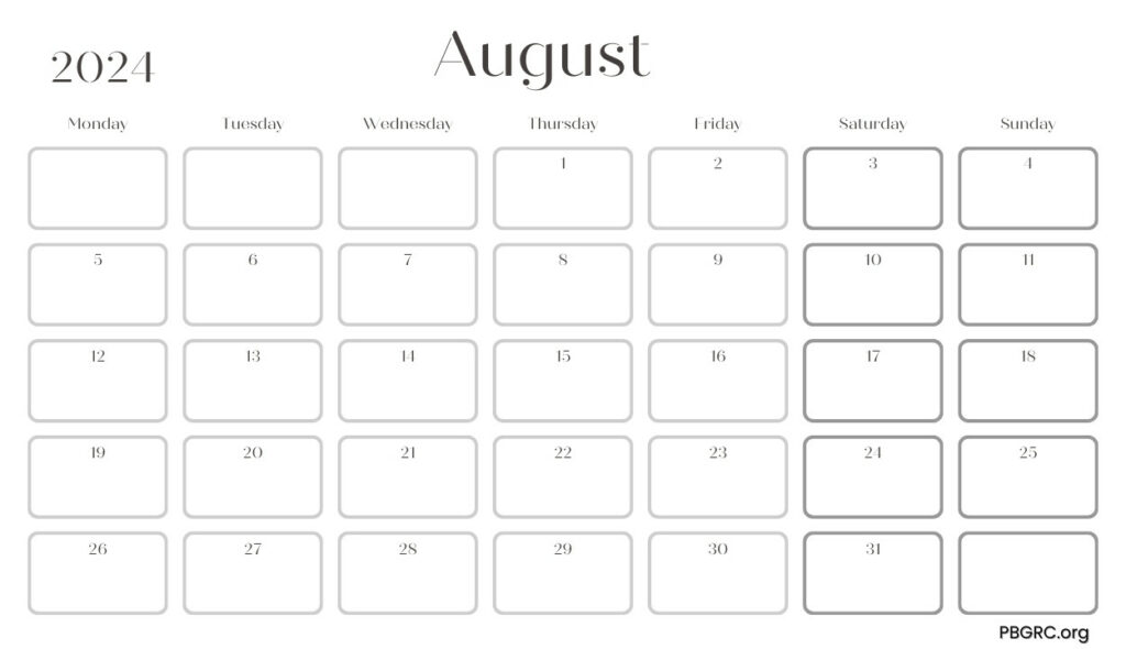 August 2024 Blank Landscape calendar
