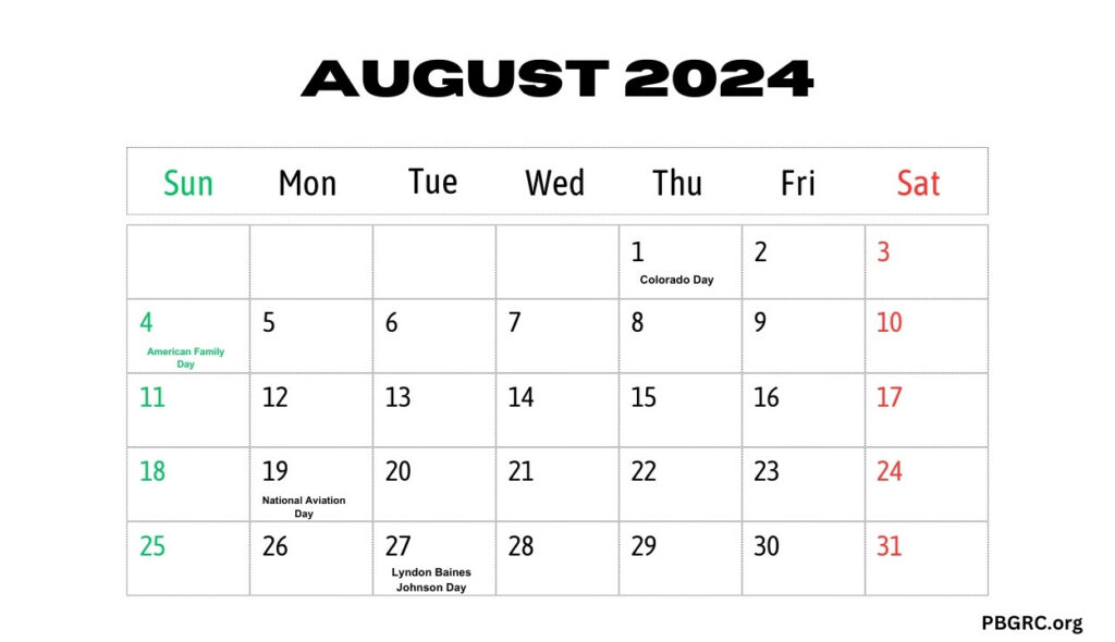 August 2024 Calendar Holidays Free Download