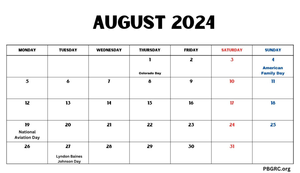 August 2024 Editable Holidays Calendar
