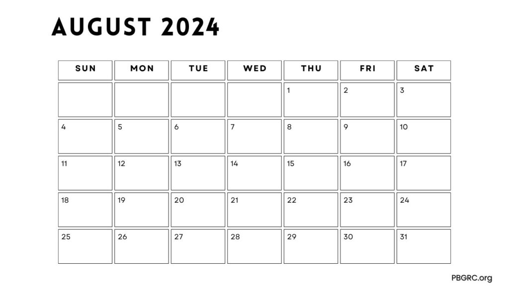 August 2024 Monday start Empty Calendar