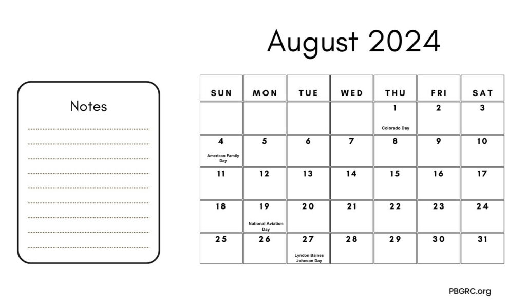 August 2024 Notable Holiday Calendar