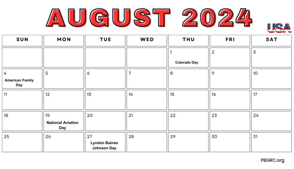 August 2024 USA Holidays Calendar with Large Space Notes