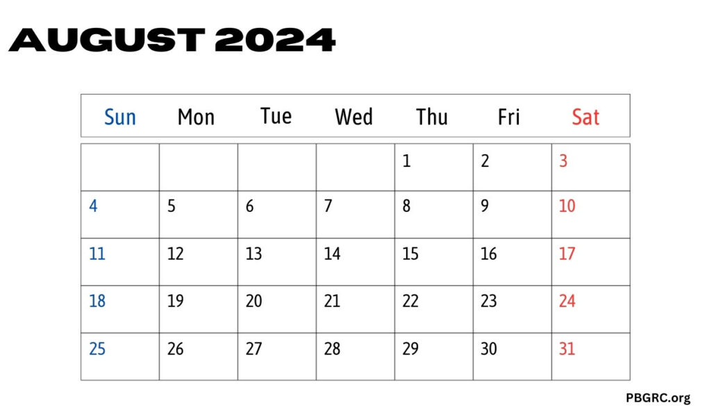 August Blank calendar 2024 Template Word