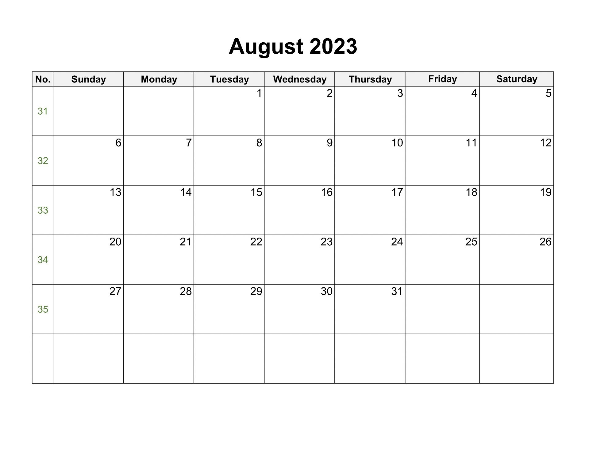 August Calendar 2023 Blank Template