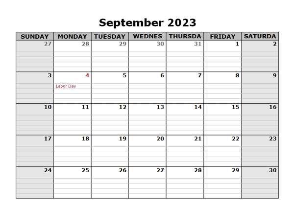 Blank September 2023 Calendar Word