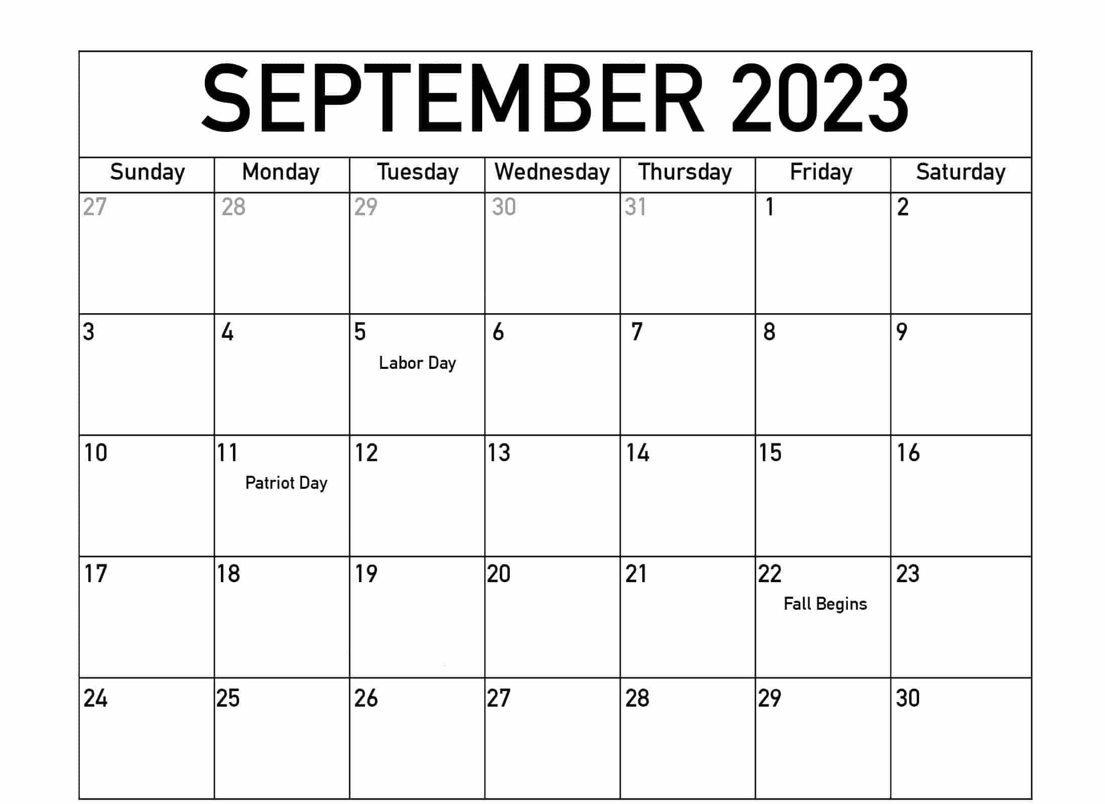 Blank September 2023 Calendar with Holidays