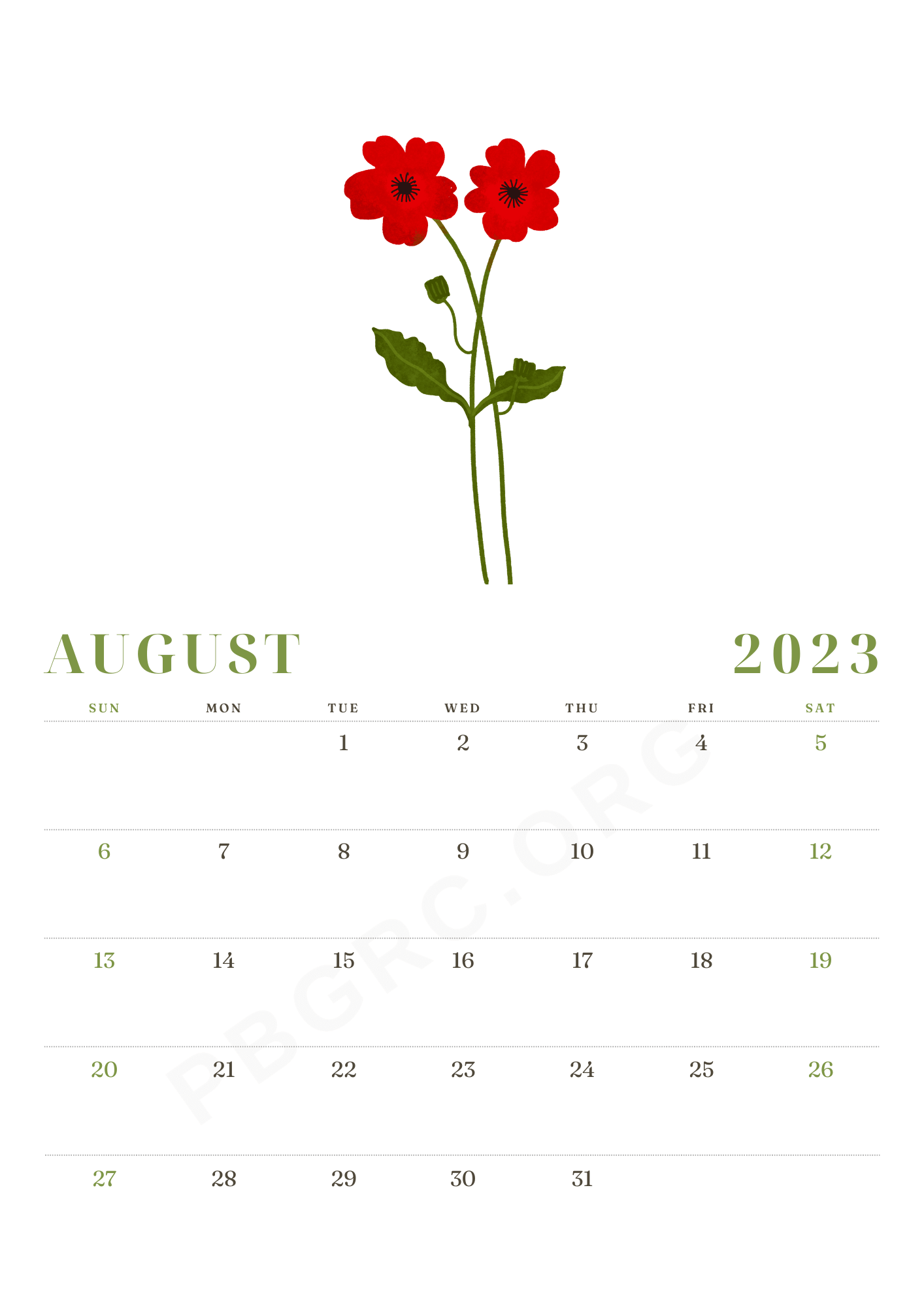 Cute August 2023 Floral Calendar Templates