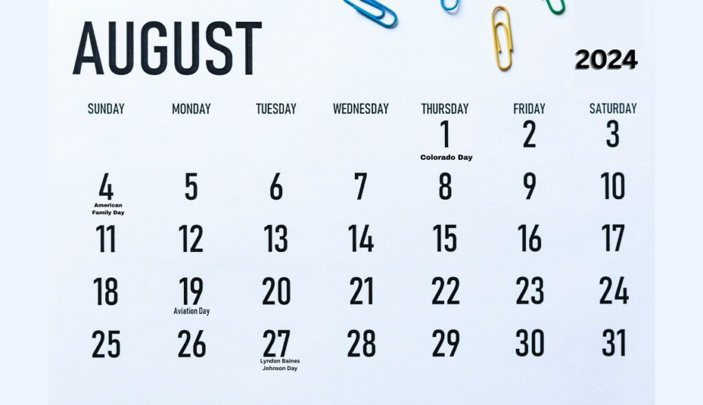 Cute August calendar 2024 With Holiday Dates