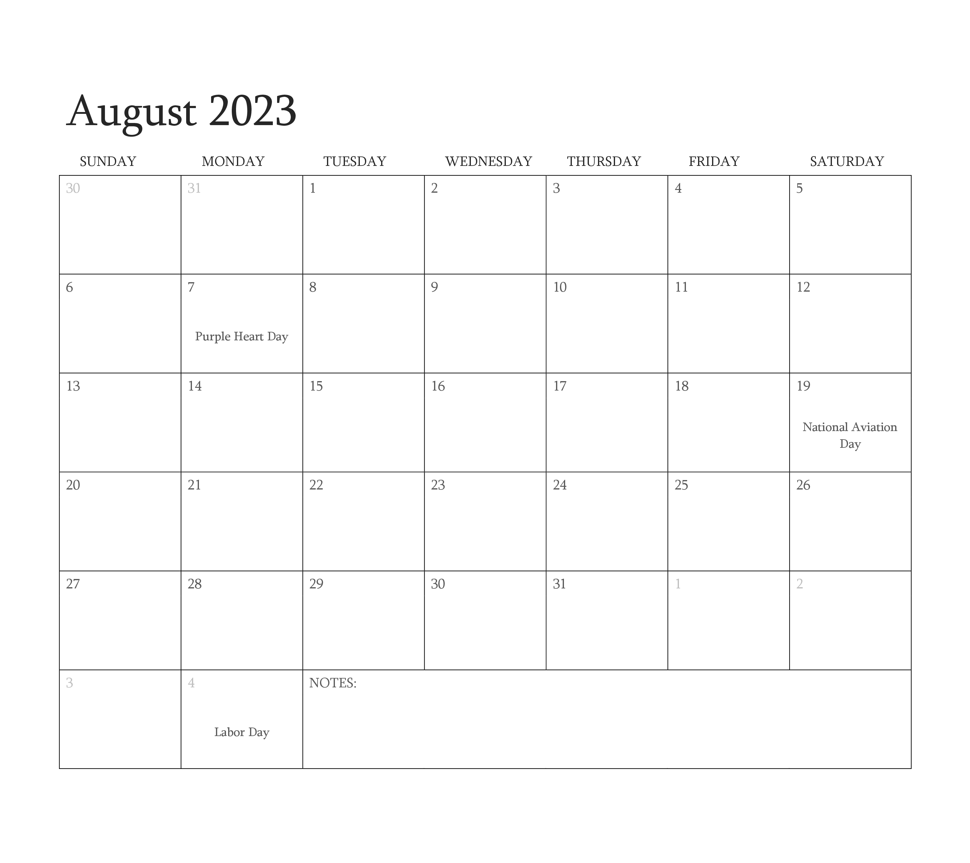 Editable Calendar August 2023 with Holidays