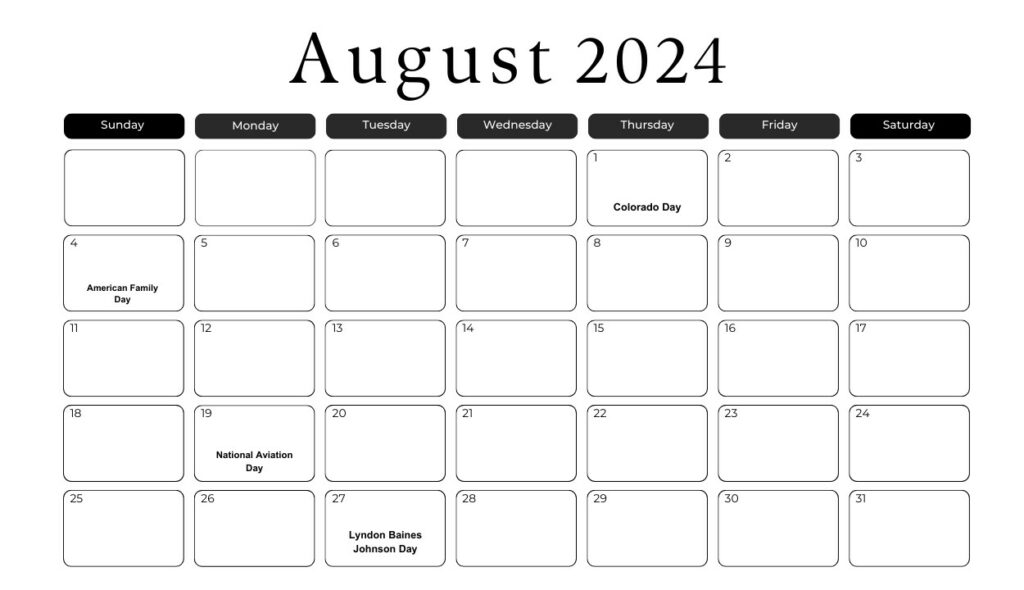 Free Monthly August 2024 Holidays Calendar Template