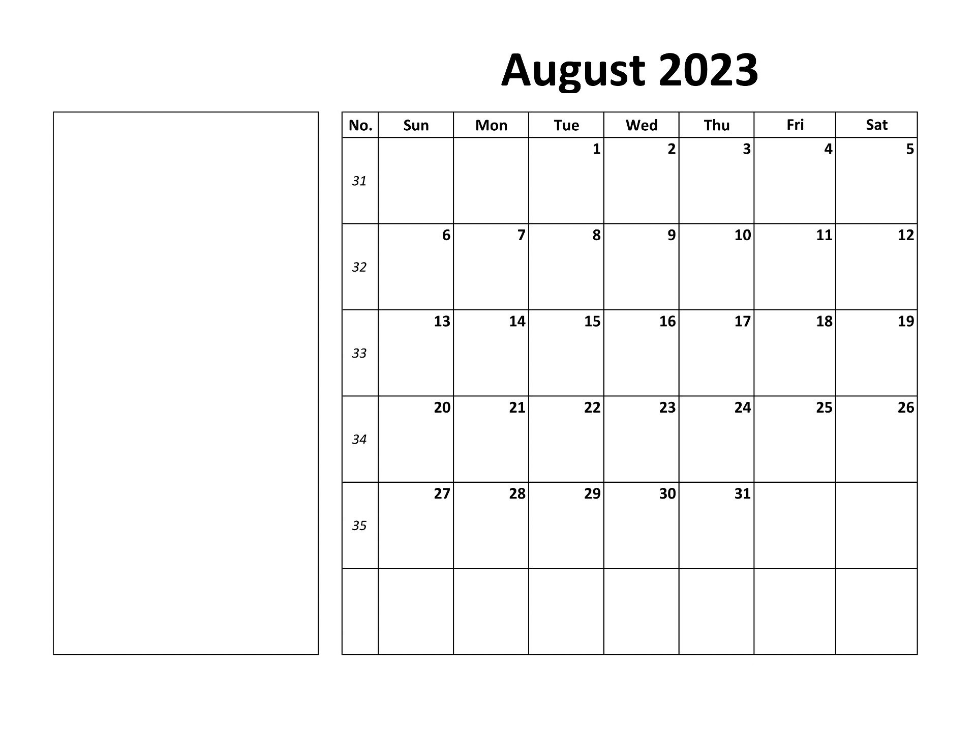 Free Printable 2023 August Calendar PDF