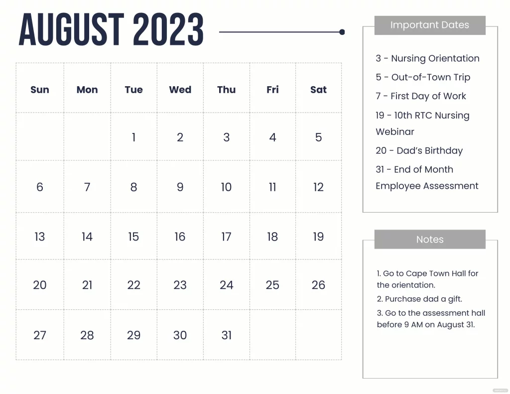 Free Printable August 2023 Calendar Template
