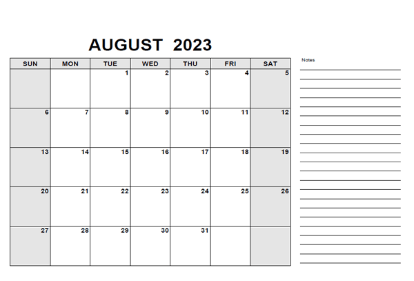 Free Printable August Calendar 2023 Pdf