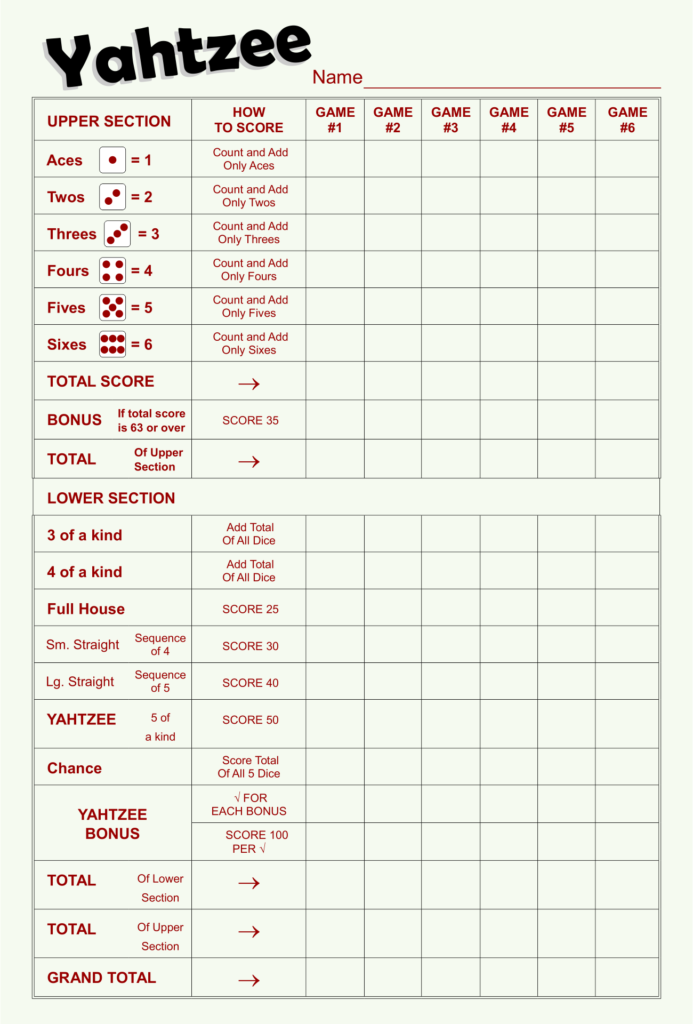 Free Printable Yahtzee Score Card Sheets