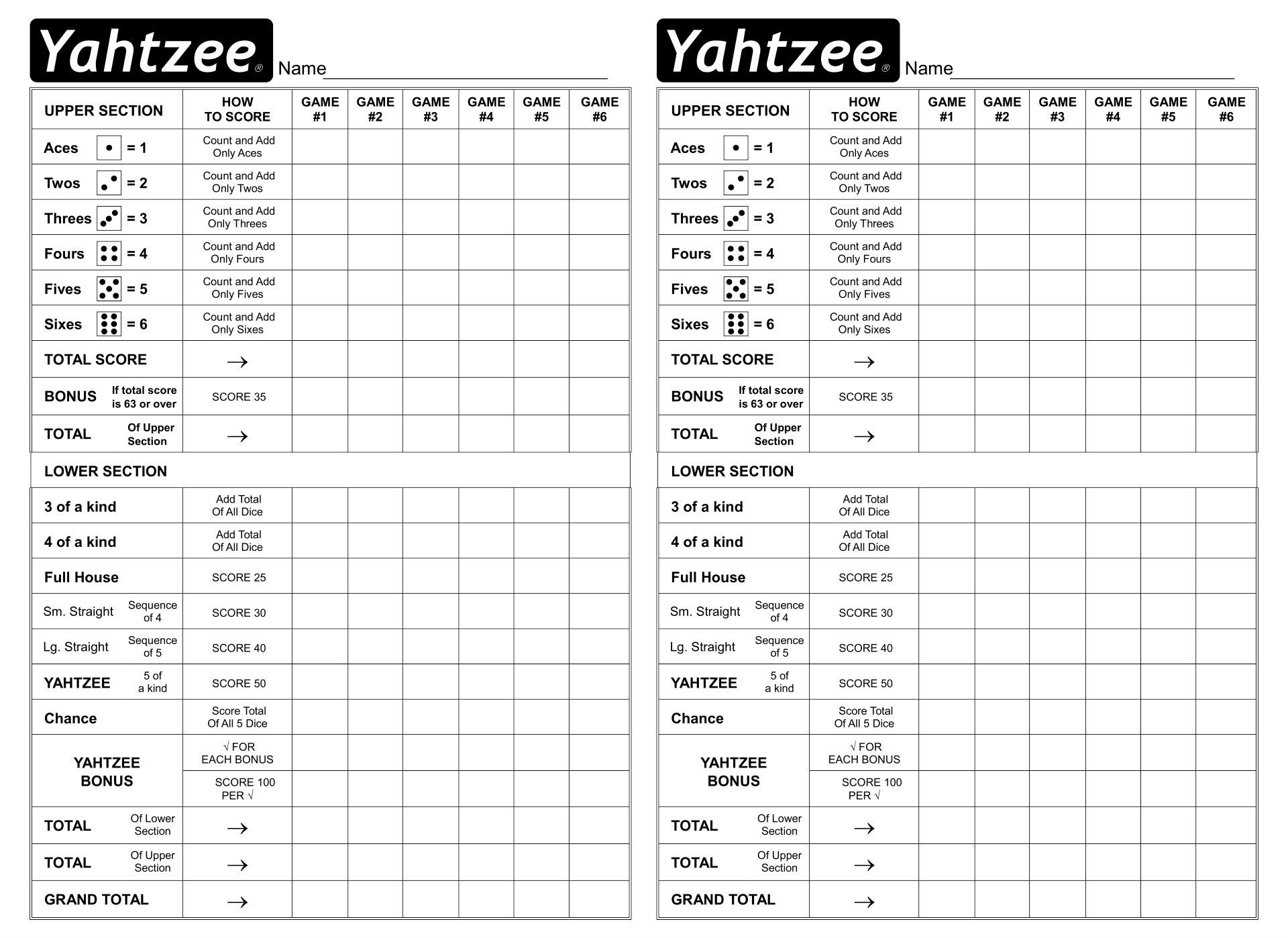 Free Printable Yahtzee Score Card Sheets PDF Templates