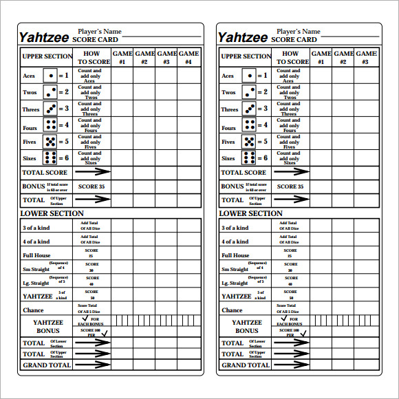 Free Yahtzee Score Card Word