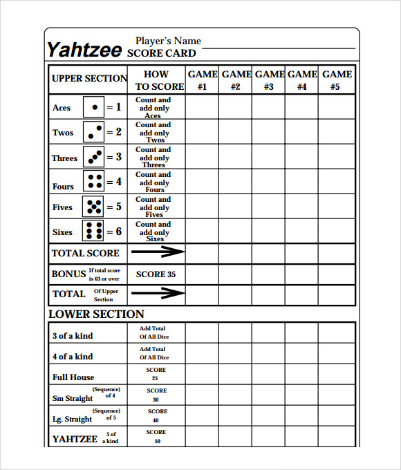 Free Yahtzee Score Card