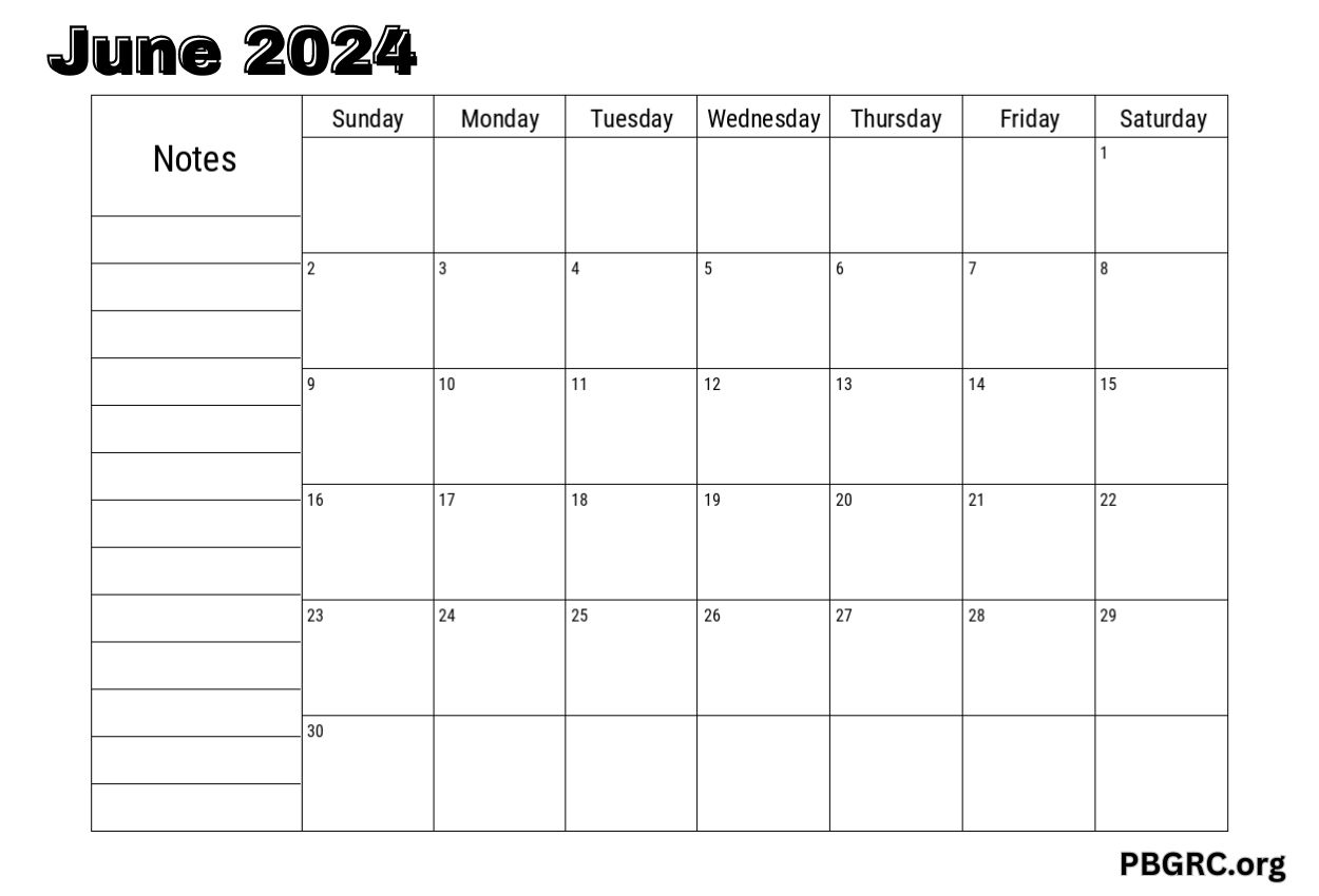 June Calendar 2024 With Notes