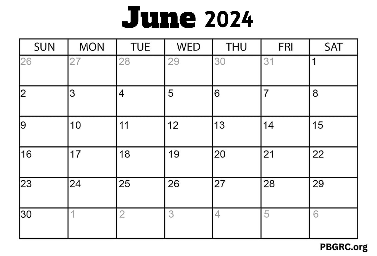 June Calendar 2024 Words