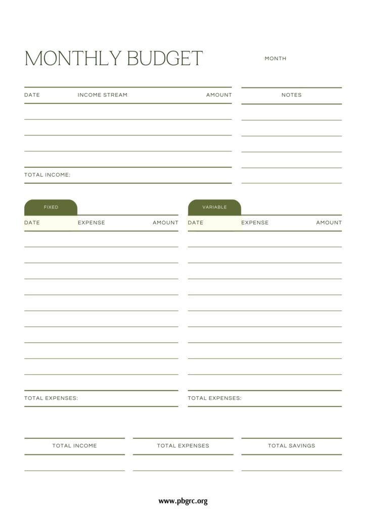 Monthly Budget Template Printable