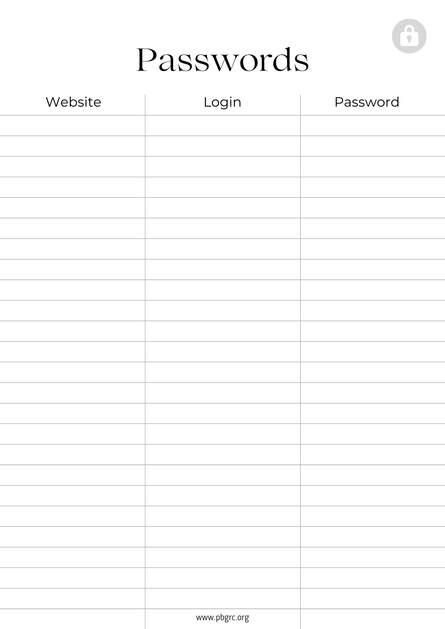 Password Tracker Spreadsheet