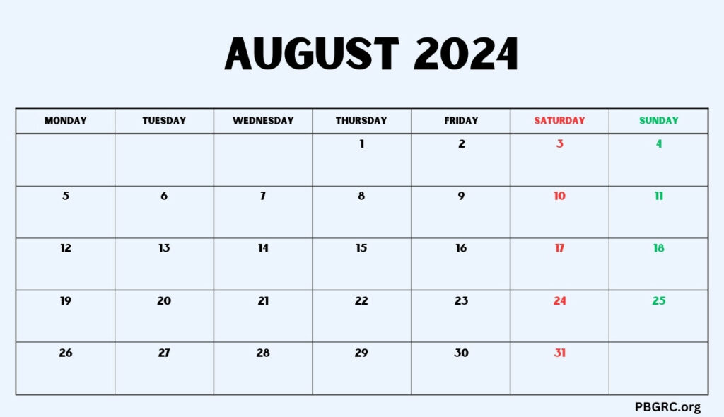 Printable August 2024 Blank Calendar