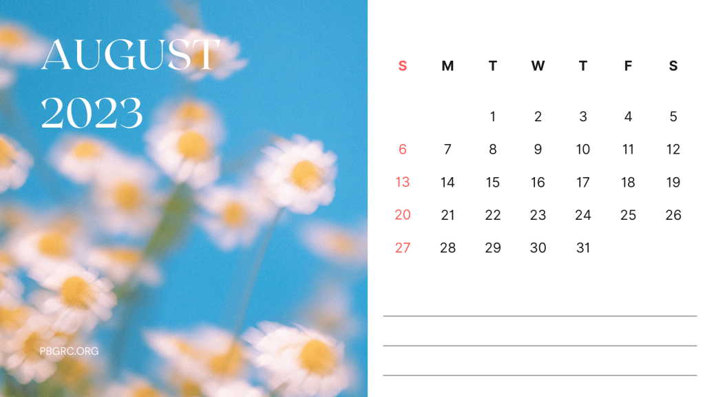 Printable Cute August 2023 Floral Calendar