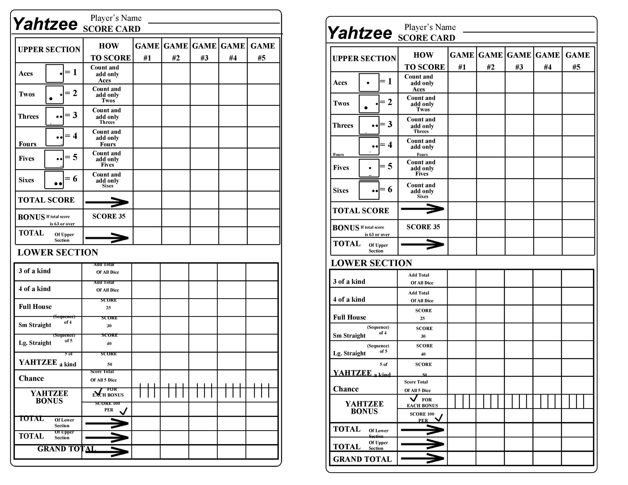 Printable Yahtzee Score Sheets & Cards