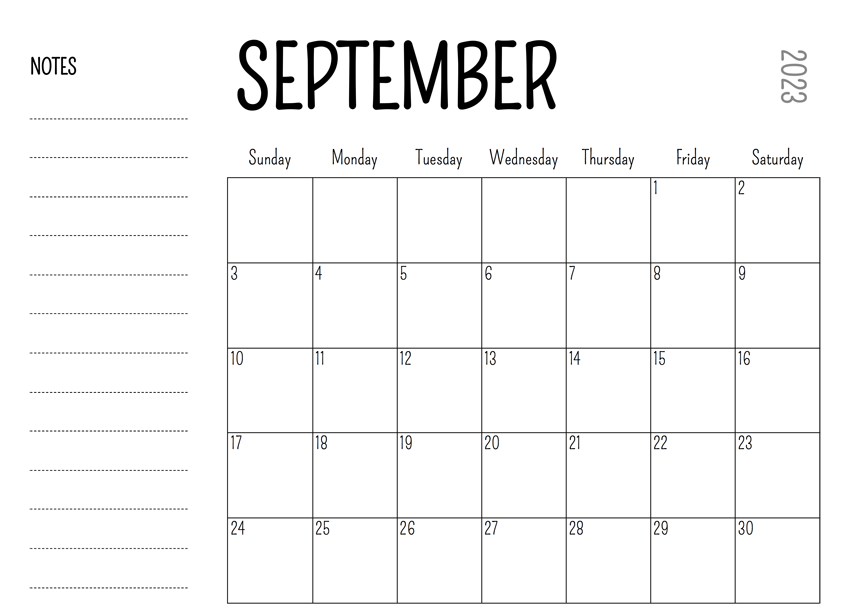 September Calendar 2023 Excel