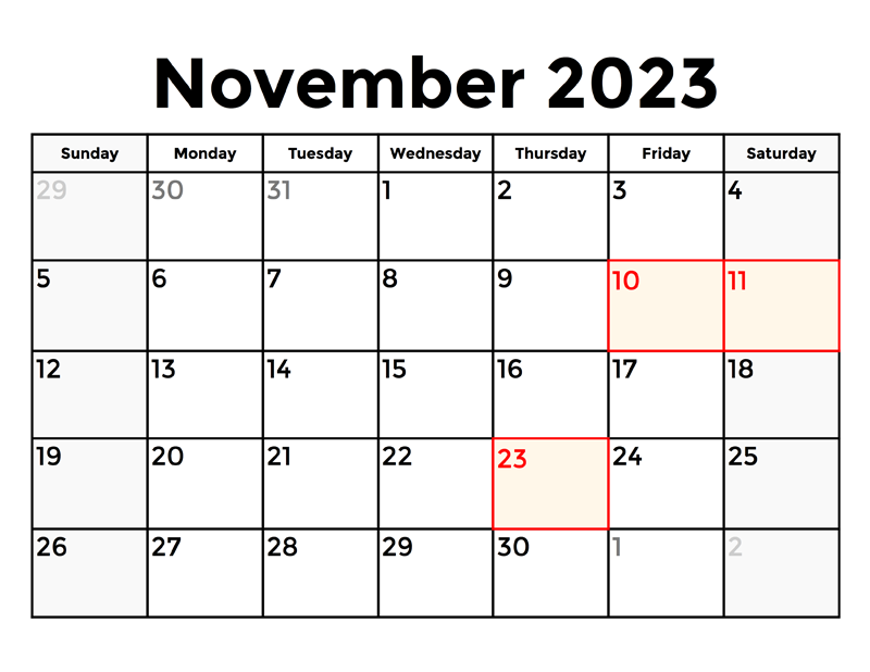 2023 November Calendar With Holidays