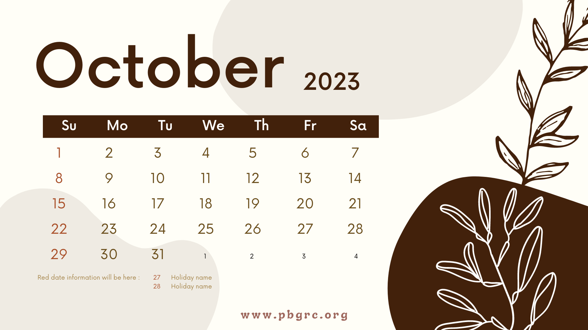 2023 October Calendar Floral