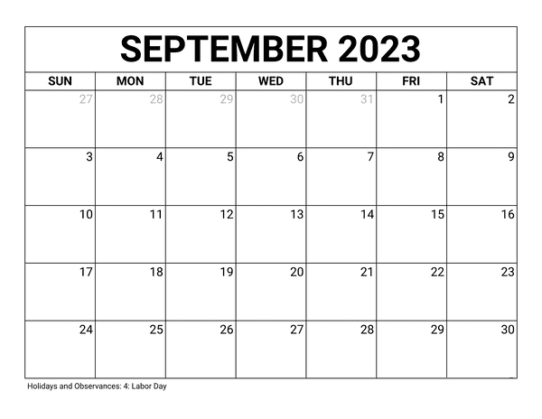 2023 September Calendar with Holidays