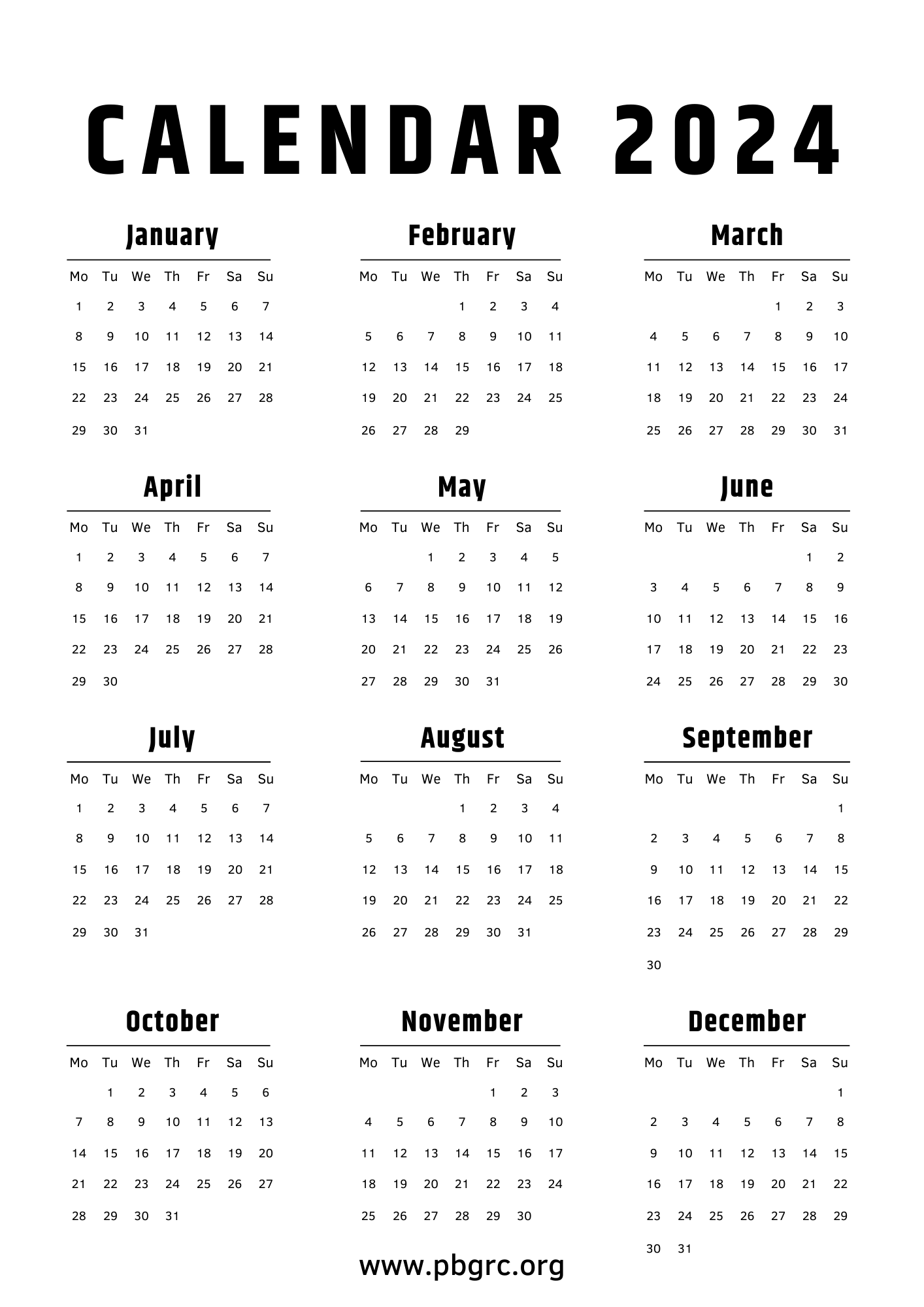 2024 Printable Calendar A4 Size