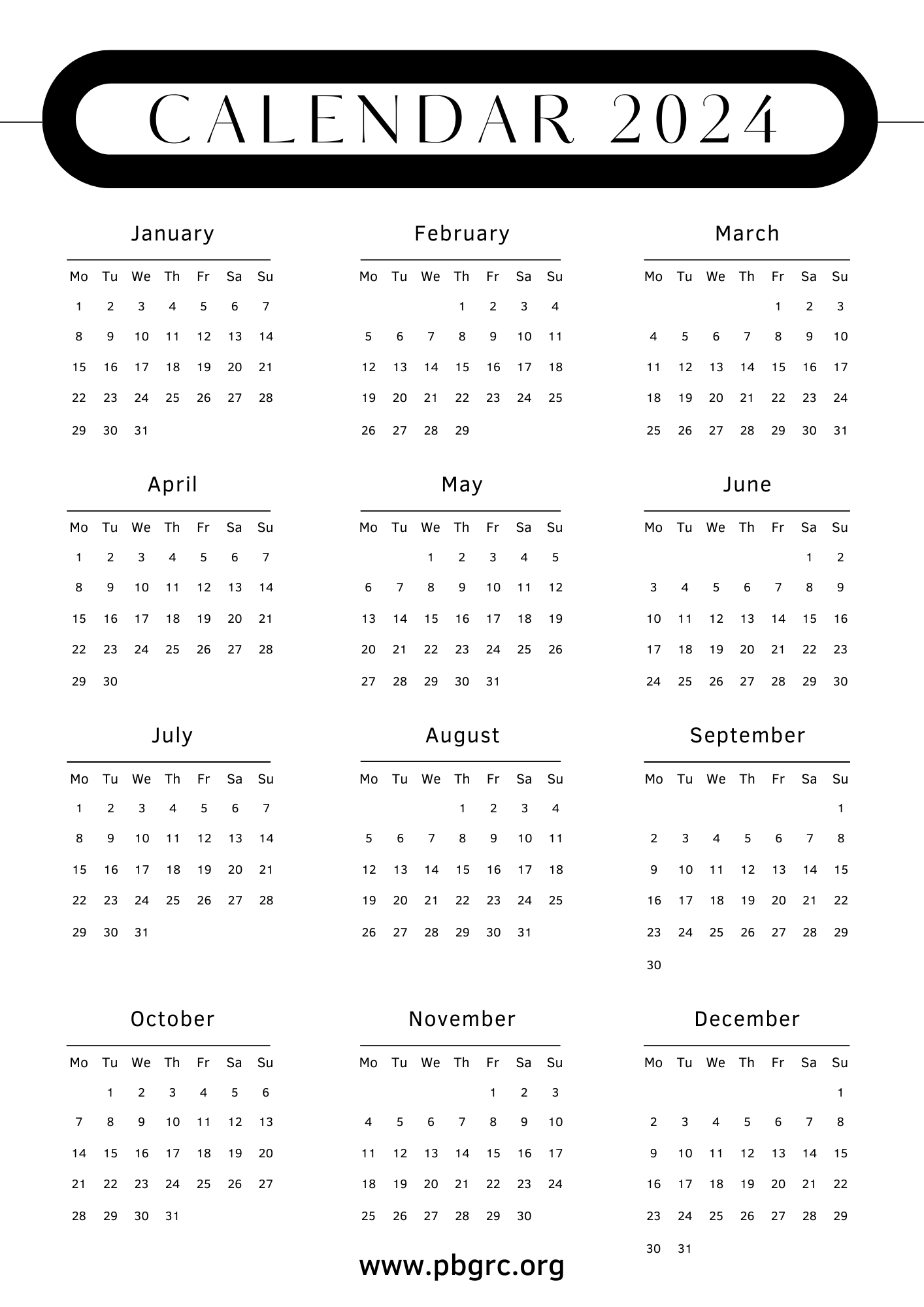 2024 Printable Calendar Portrait