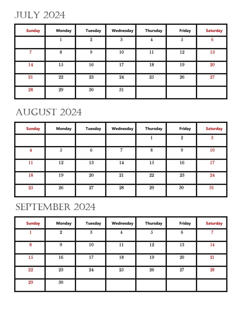 Editable Blank July Aug Sept 2024 Calendar