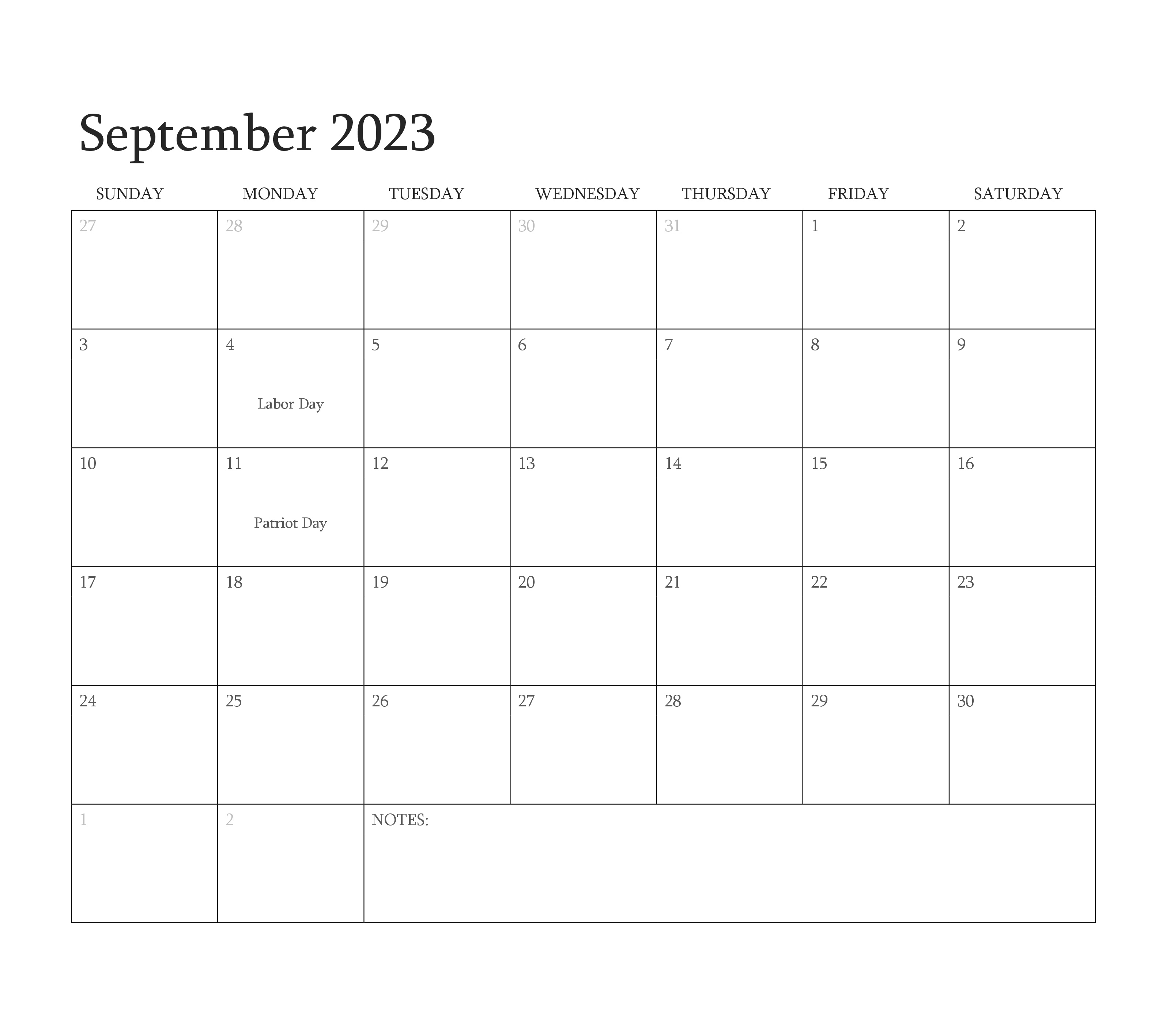 Editable Calendar September 2023 with Holidays