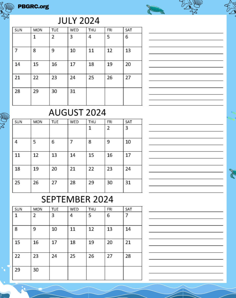 July Aug Sept 2024 Cute Calendar for office
