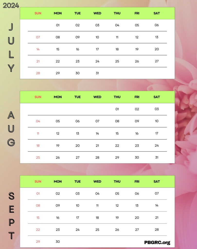 July August September 2024 Floral Calendar for desk